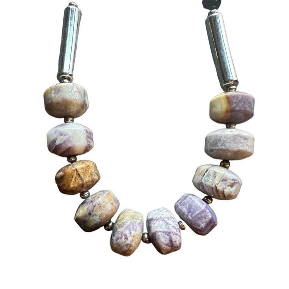 Amethyst multi raw stone with silver tone and black beads and matching earrings - Picture 3 of 14